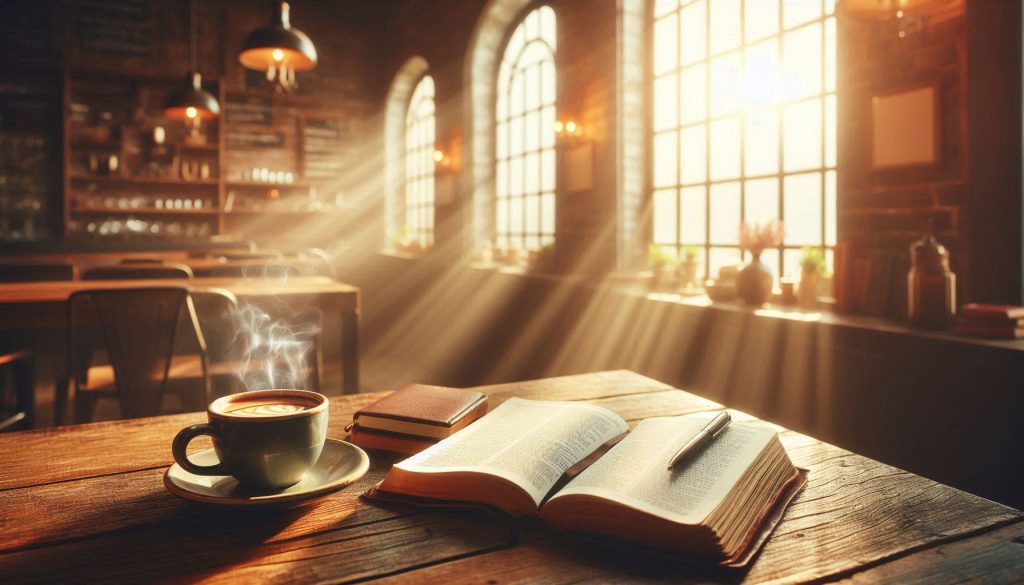 Writing with Voice and Purpose warm coffeehouse interior with soft morning light streaming through large windows, a steaming cup of