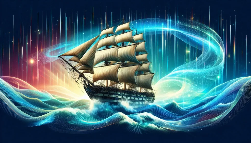 Aboard Battle River Lending Place historic multi sail multi mast ship sailing across the digital ocean