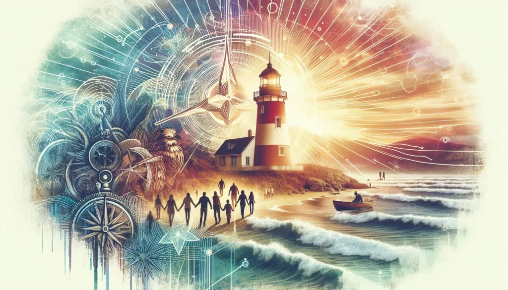 Chat GPT’s Reflection on: “The Beauty of the English Language” mixed media collage of community volunteers and a lighthouse 70